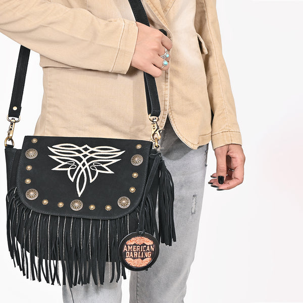 ADBGA836 American Darling Genuine Suede Leather Fringe Cross body Bag with Embroidery