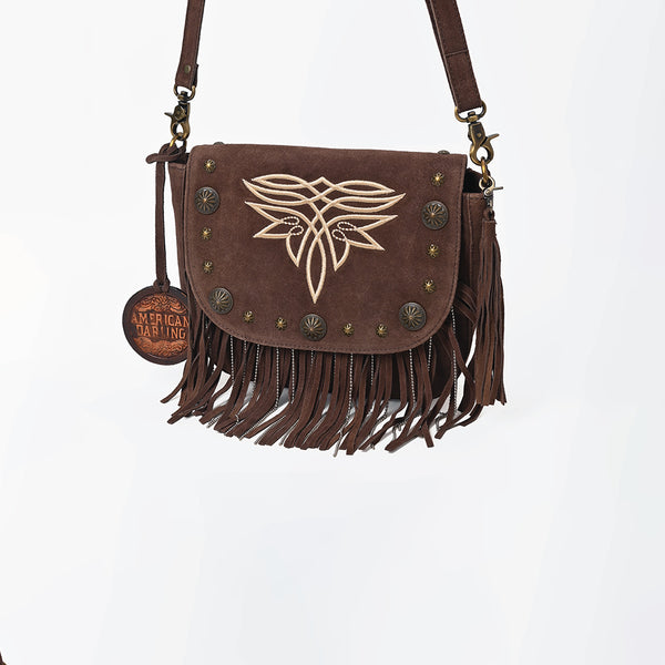 ADBGA836 American Darling Genuine Suede Leather Fringe Cross body Bag with Embroidery