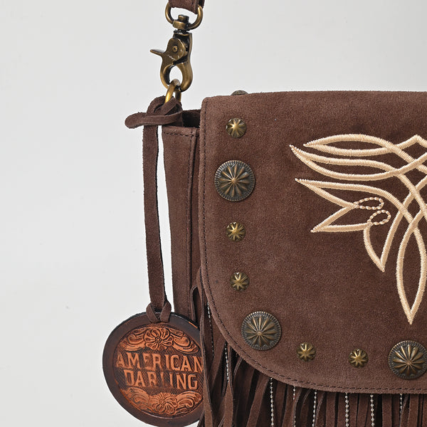 ADBGA836 American Darling Genuine Suede Leather Fringe Cross body Bag with Embroidery