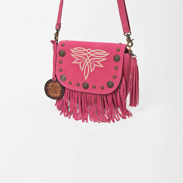 ADBGA836 American Darling Genuine Suede Leather Fringe Cross body Bag with Embroidery