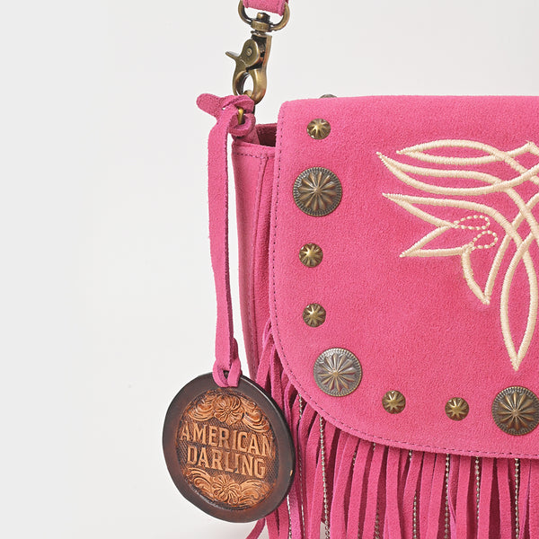 ADBGA836 American Darling Genuine Suede Leather Fringe Cross body Bag with Embroidery