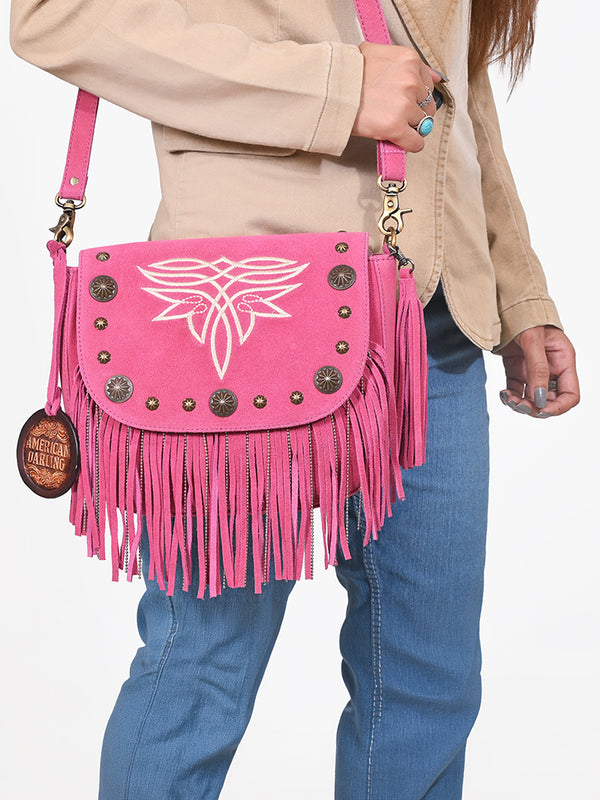ADBGA836 American Darling Genuine Suede Leather Fringe Cross body Bag with Embroidery