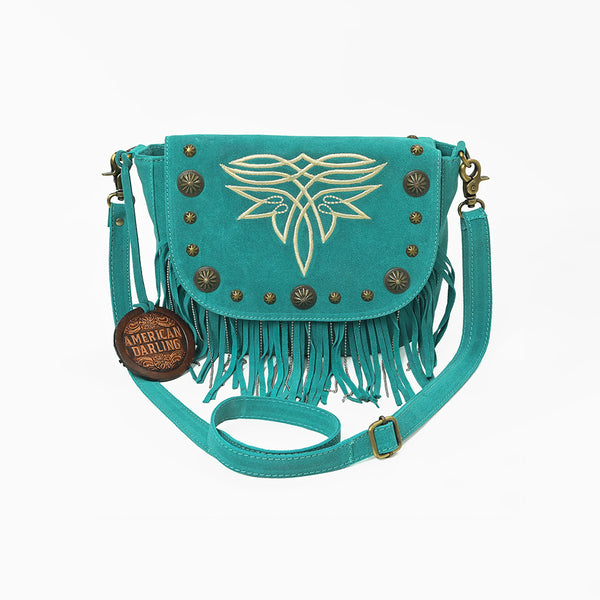ADBGA836 American Darling Genuine Suede Leather Fringe Cross body Bag with Embroidery