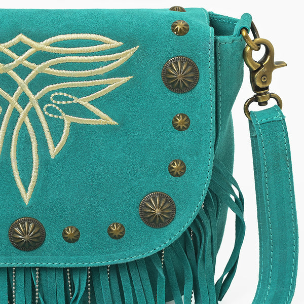 ADBGA836 American Darling Genuine Suede Leather Fringe Cross body Bag with Embroidery