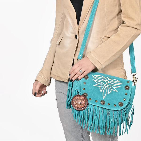 ADBGA836 American Darling Genuine Suede Leather Fringe Cross body Bag with Embroidery