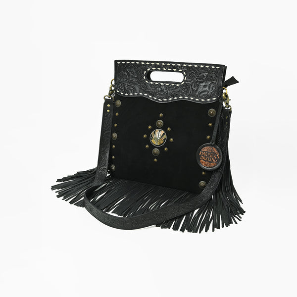 ADBGA905 American Darling Hand Tooled Floral Leather Clutch Bag with Fringes and Concho