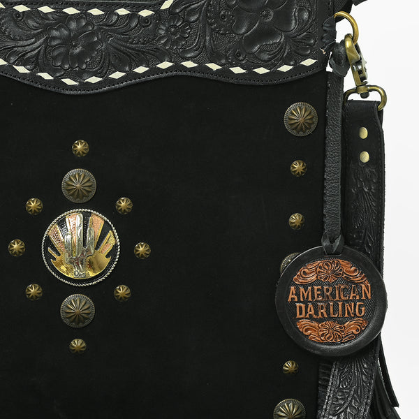 ADBGA905 American Darling Hand Tooled Floral Leather Clutch Bag with Fringes and Concho