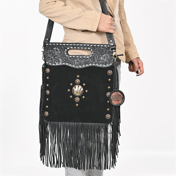 ADBGA905 American Darling Hand Tooled Floral Leather Clutch Bag with Fringes and Concho