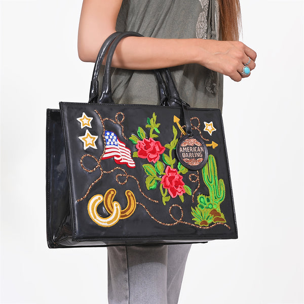 ADBGA927 American Darling Western Embroidered Patent Leather Everyday Tote Bag