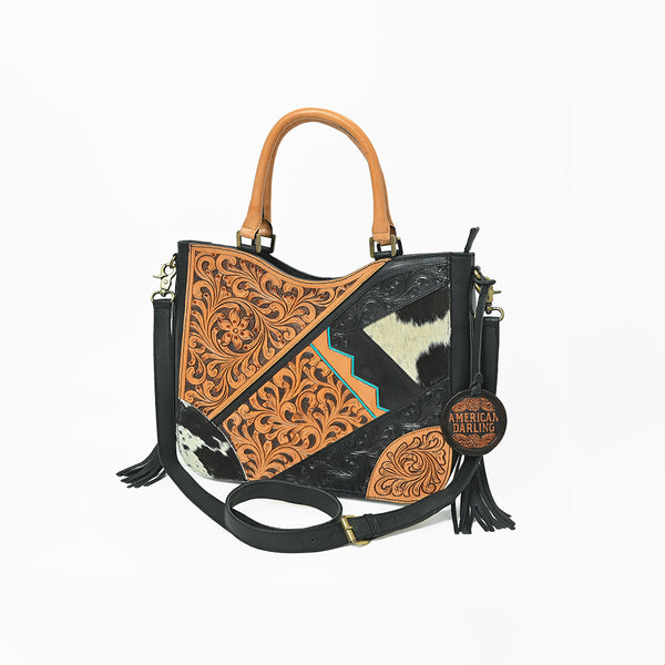 ADBGA983 American Darling Hand Tooled Harness Hair On Genuine Leather Fringe Tote Bag