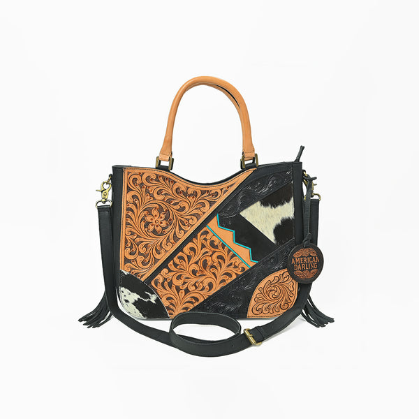 ADBGA983 American Darling Hand Tooled Harness Hair On Genuine Leather Fringe Tote Bag