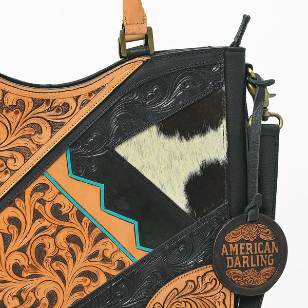ADBGA983 American Darling Hand Tooled Harness Hair On Genuine Leather Fringe Tote Bag