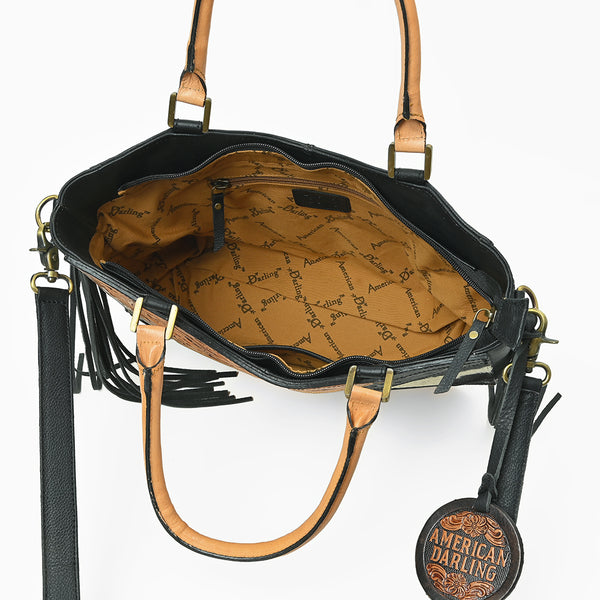 ADBGA983 American Darling Hand Tooled Harness Hair On Genuine Leather Fringe Tote Bag