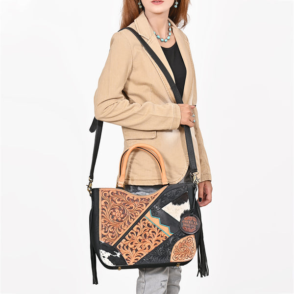 ADBGA983 American Darling Hand Tooled Harness Hair On Genuine Leather Fringe Tote Bag