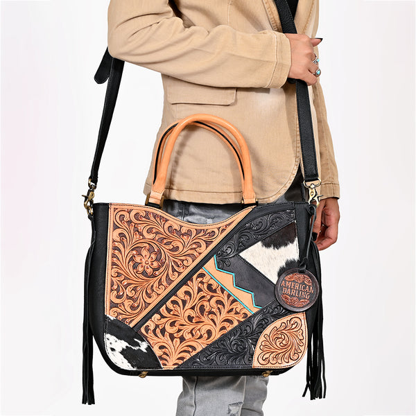 ADBGA983 American Darling Hand Tooled Harness Hair On Genuine Leather Fringe Tote Bag