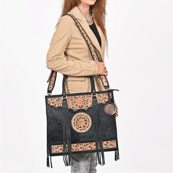ADBGA984 American Darling Fringe Hairon & Harness Leather Tote