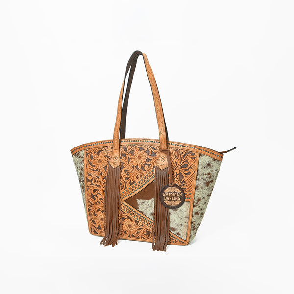 ADBGA985 American Darling Hand-Tooled Harness Leather & Hair On Tote Bag