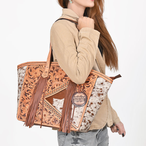 ADBGA985 American Darling Hand-Tooled Harness Leather & Hair On Tote Bag