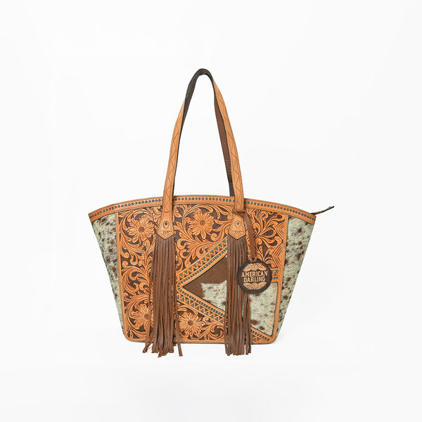 ADBGA985 American Darling Hand-Tooled Harness Leather & Hair On Tote Bag