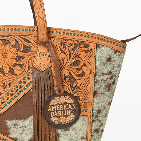 ADBGA985 American Darling Hand-Tooled Harness Leather & Hair On Tote Bag