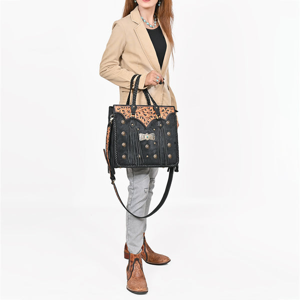 ADBGA987 American Darling Hand-Tooled Harness & Hairon Leather Tote