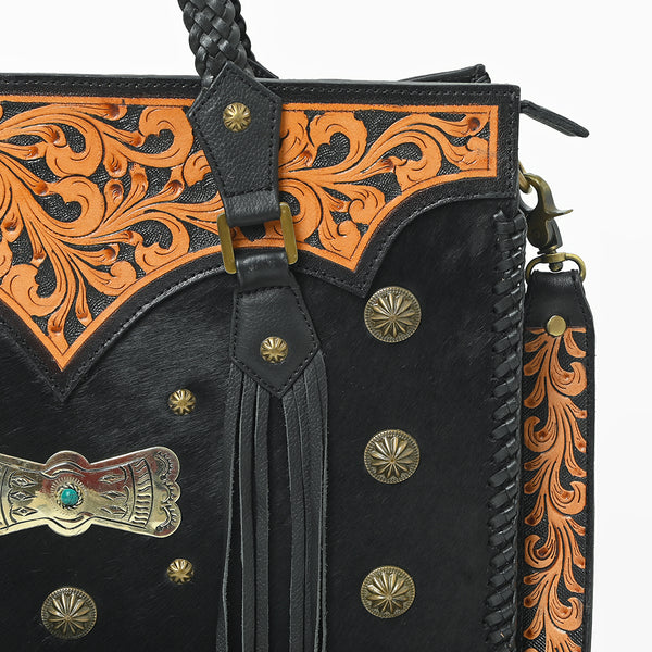 ADBGA987 American Darling Hand-Tooled Harness & Hairon Leather Tote