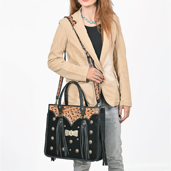 ADBGA987 American Darling Hand-Tooled Harness & Hairon Leather Tote