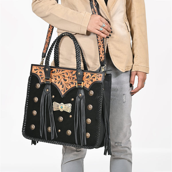 ADBGA987 American Darling Hand-Tooled Harness & Hairon Leather Tote