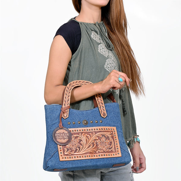 ADBGA988 American Darling Denim, Harness & Floral Tooled Leather Tote Handbag