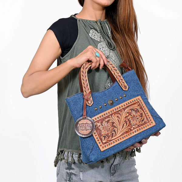ADBGA988 American Darling Denim, Harness & Floral Tooled Leather Tote Handbag