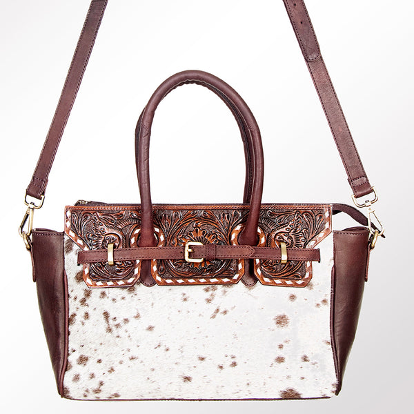 ADBGI151 Studded Hair-On Hide Tooled Leather Satchel - Western Cowgirl Handbag