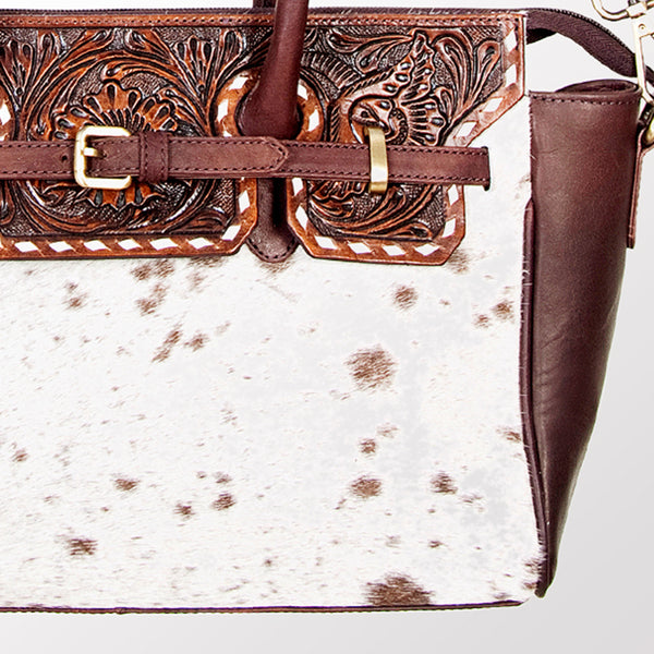 ADBGI151 Studded Hair-On Hide Tooled Leather Satchel - Western Cowgirl Handbag
