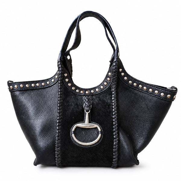 ADBGM1017 American Darling Genuine Leather & Black Hair-On-Hide Studded Horse Bit Hobo Tote Bag