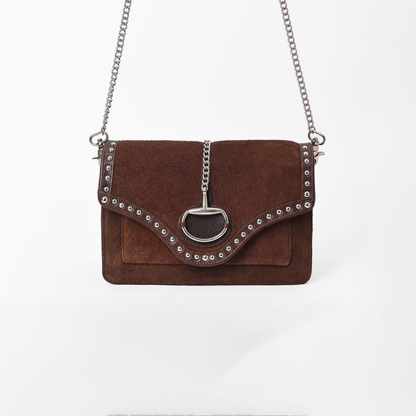American Darling Genuine Leather & Suede Dark Brown Studded Chain Crossbody Bag