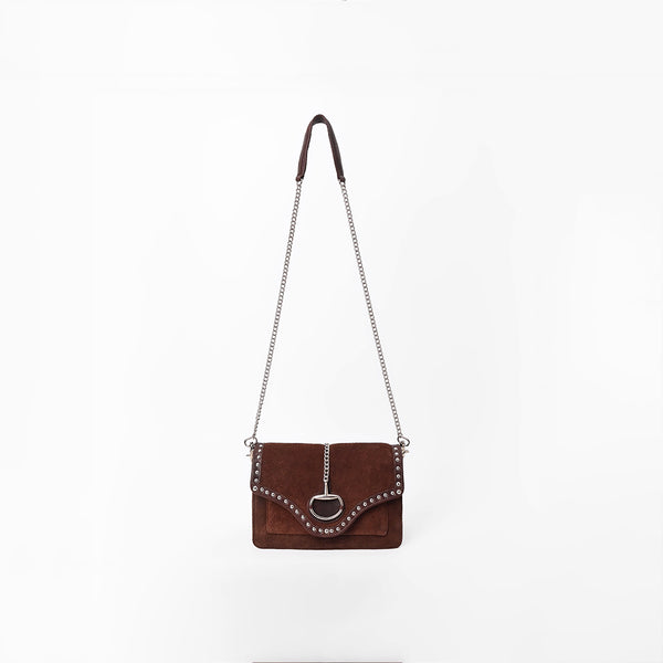 American Darling Genuine Leather & Suede Dark Brown Studded Chain Crossbody Bag