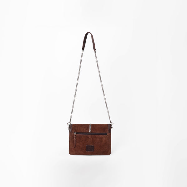 American Darling Genuine Leather & Suede Dark Brown Studded Chain Crossbody Bag