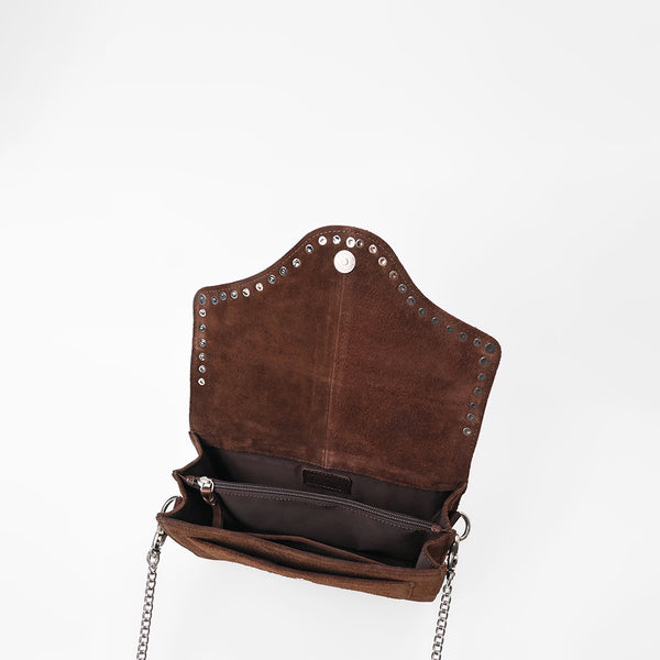 American Darling Genuine Leather & Suede Dark Brown Studded Chain Crossbody Bag