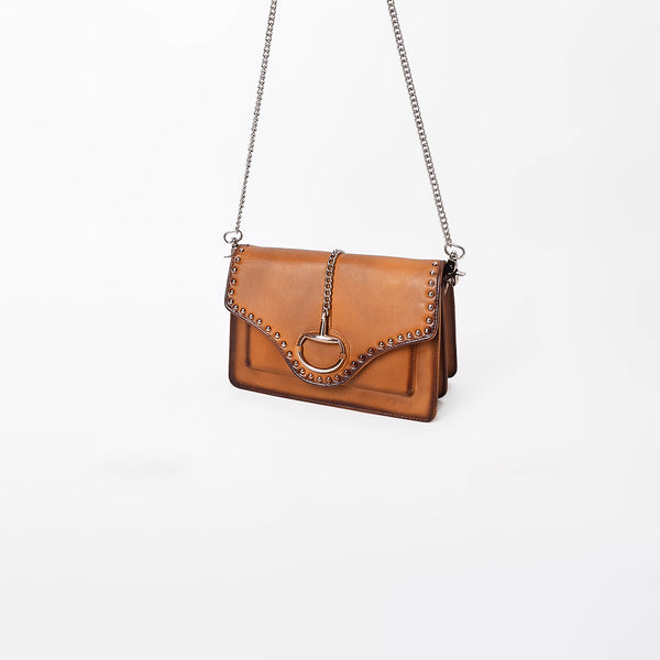 American Darling Genuine Leather Cognac Tan Studded Chain Crossbody Bag