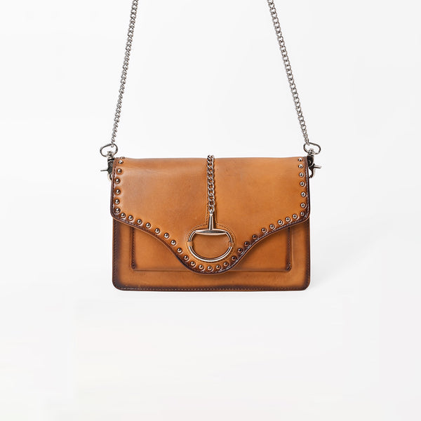 American Darling Genuine Leather Cognac Tan Studded Chain Crossbody Bag