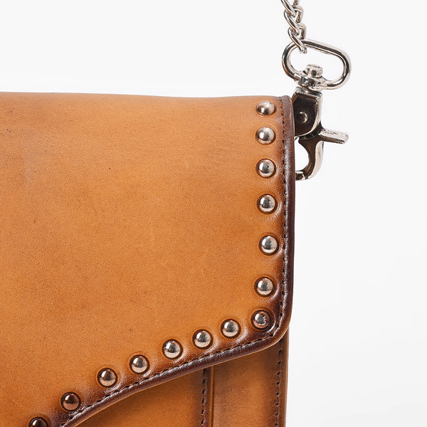 American Darling Genuine Leather Cognac Tan Studded Chain Crossbody Bag