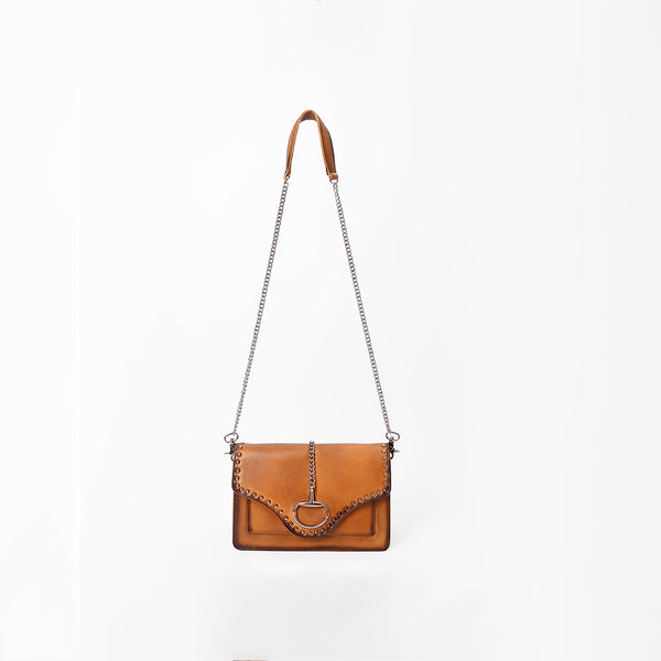 American Darling Genuine Leather Cognac Tan Studded Chain Crossbody Bag