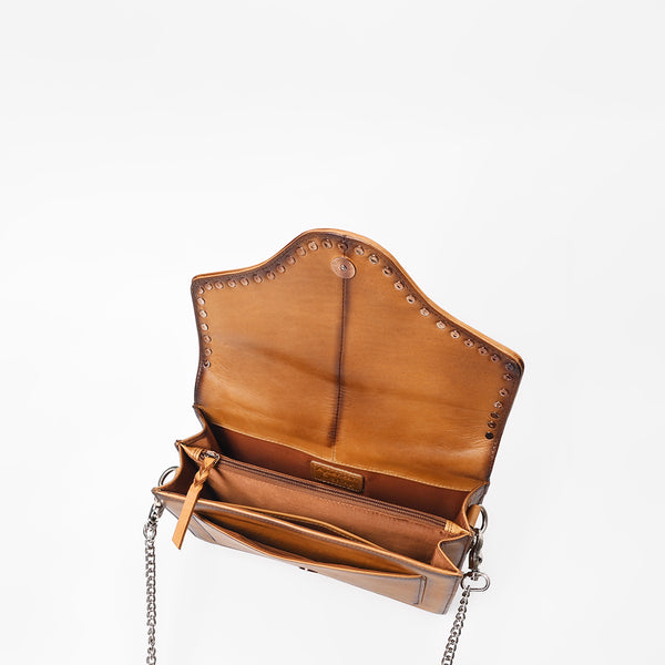 American Darling Genuine Leather Cognac Tan Studded Chain Crossbody Bag