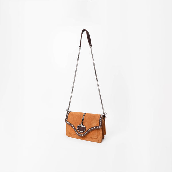 American Darling Genuine Leather & Suede Tan Studded Chain Crossbody Bag