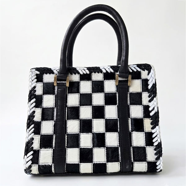 ADBGM1156 American Darling Black & White Checkered Hair-on Cowhide Leather Tote Handbag with Whipstitch Detailing