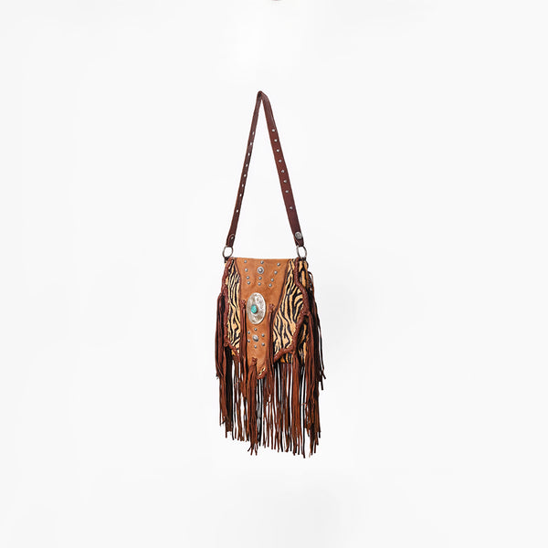 ADBGM477 Cowhide & Leather Western Fringe Messenger Bag - Western Concho Bag with Turquoise Accent