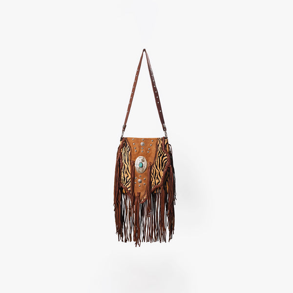 ADBGM477 Cowhide & Leather Western Fringe Messenger Bag - Western Concho Bag with Turquoise Accent