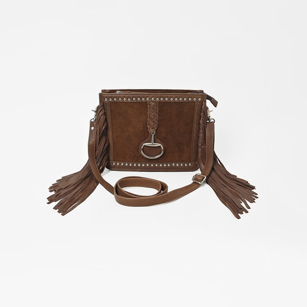 ADBGM970 American Darling Leather Studded Horsebit Fringe Crossbody Bag