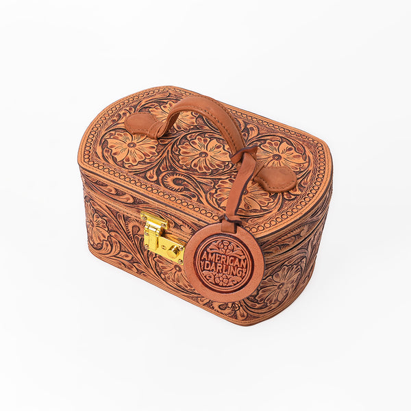 ADBGZ1016 American Darling Hand-Tooled Floral Leather Tan Vanity Jewellery Case