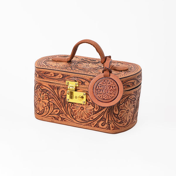 ADBGZ1016 American Darling Hand-Tooled Floral Leather Tan Vanity Jewellery Case