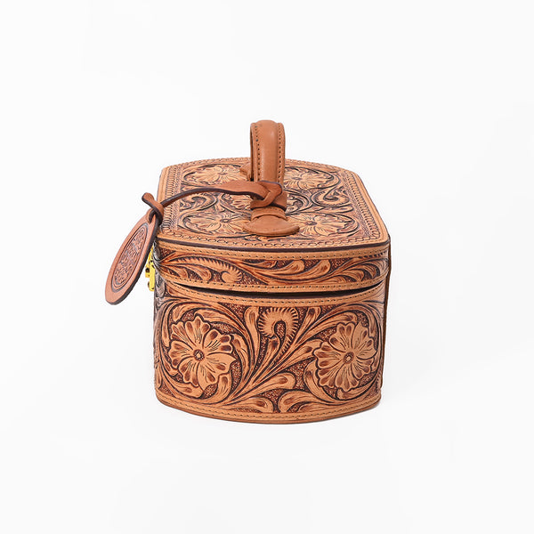 ADBGZ1016 American Darling Hand-Tooled Floral Leather Tan Vanity Jewellery Case